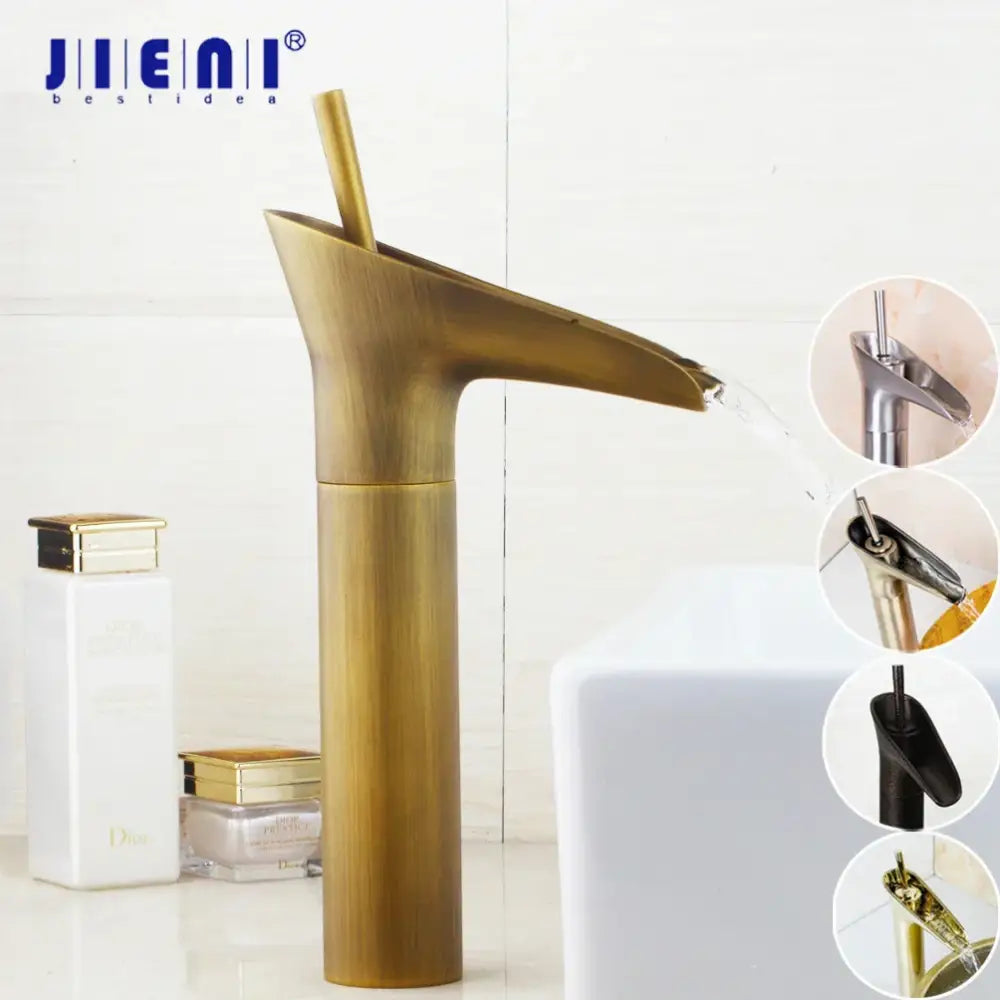 Antique brass-finished jienai waterfall faucet with sleek modern design for golden waterfall bathroom decorbites use