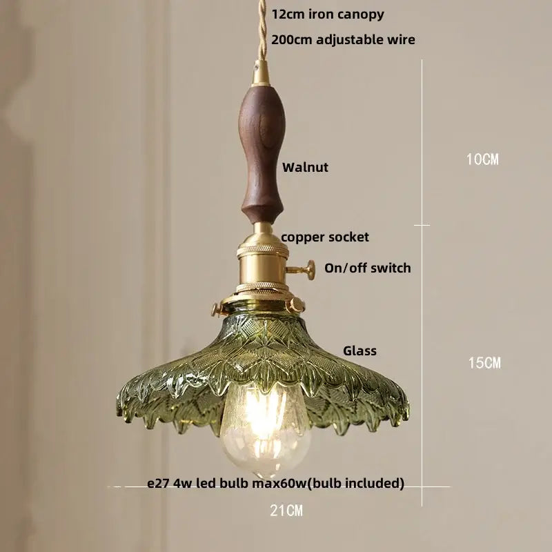 Modern rose orange and creamy white glass led pendant light with dark walnut handle and brass fittings for kitchen lighting