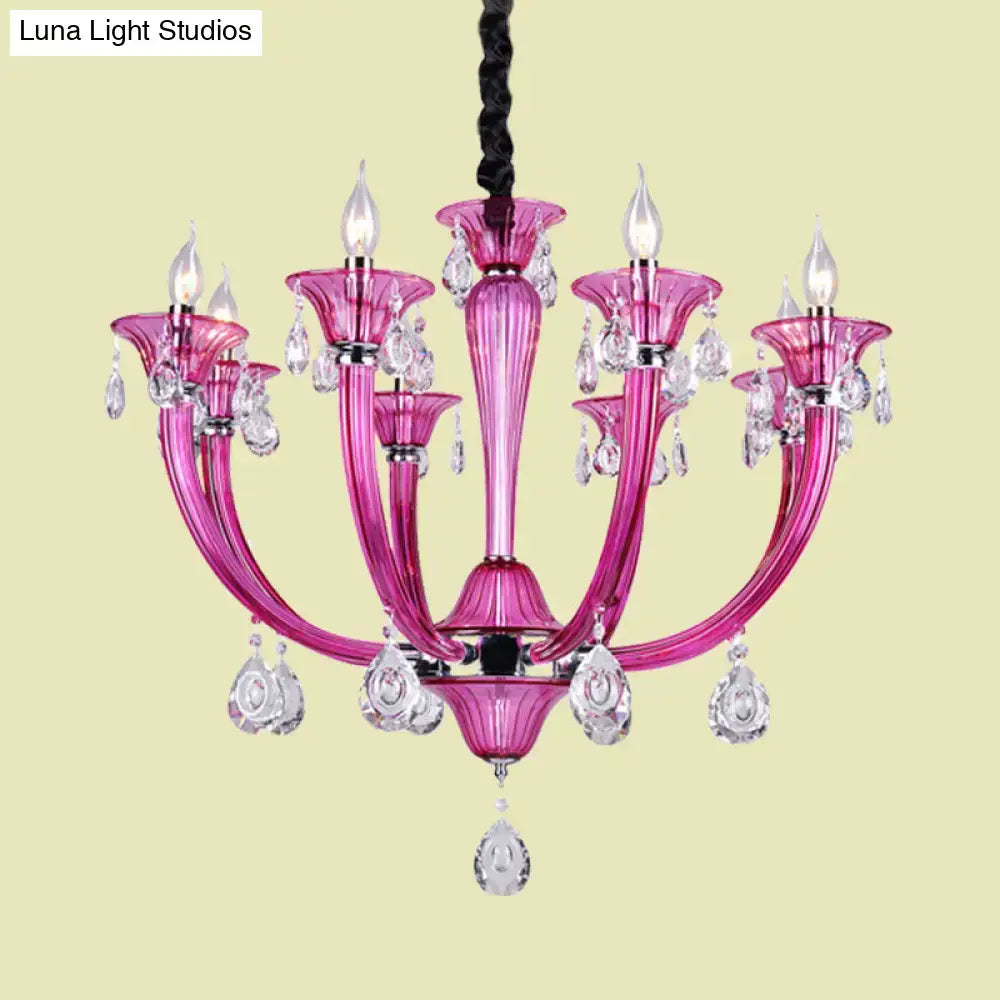 DecorBites™ modern rose red glass chandelier with crystal draping and metallic accents for living room use