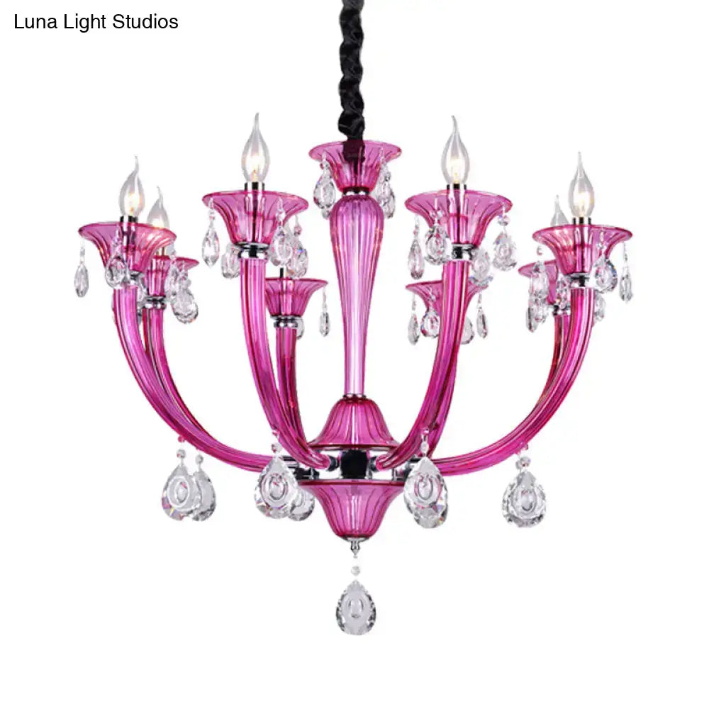 Decorbites modern rose red glass chandelier with crystal draping and chrome accents for living room lighting
