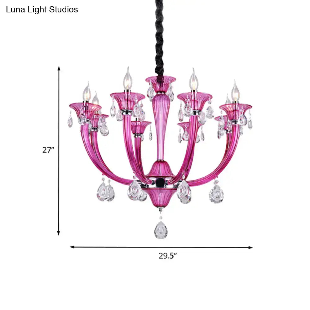 Decorbites modern rose red glass chandelier with crystal droplets and candle-style bulbs for living room lighting