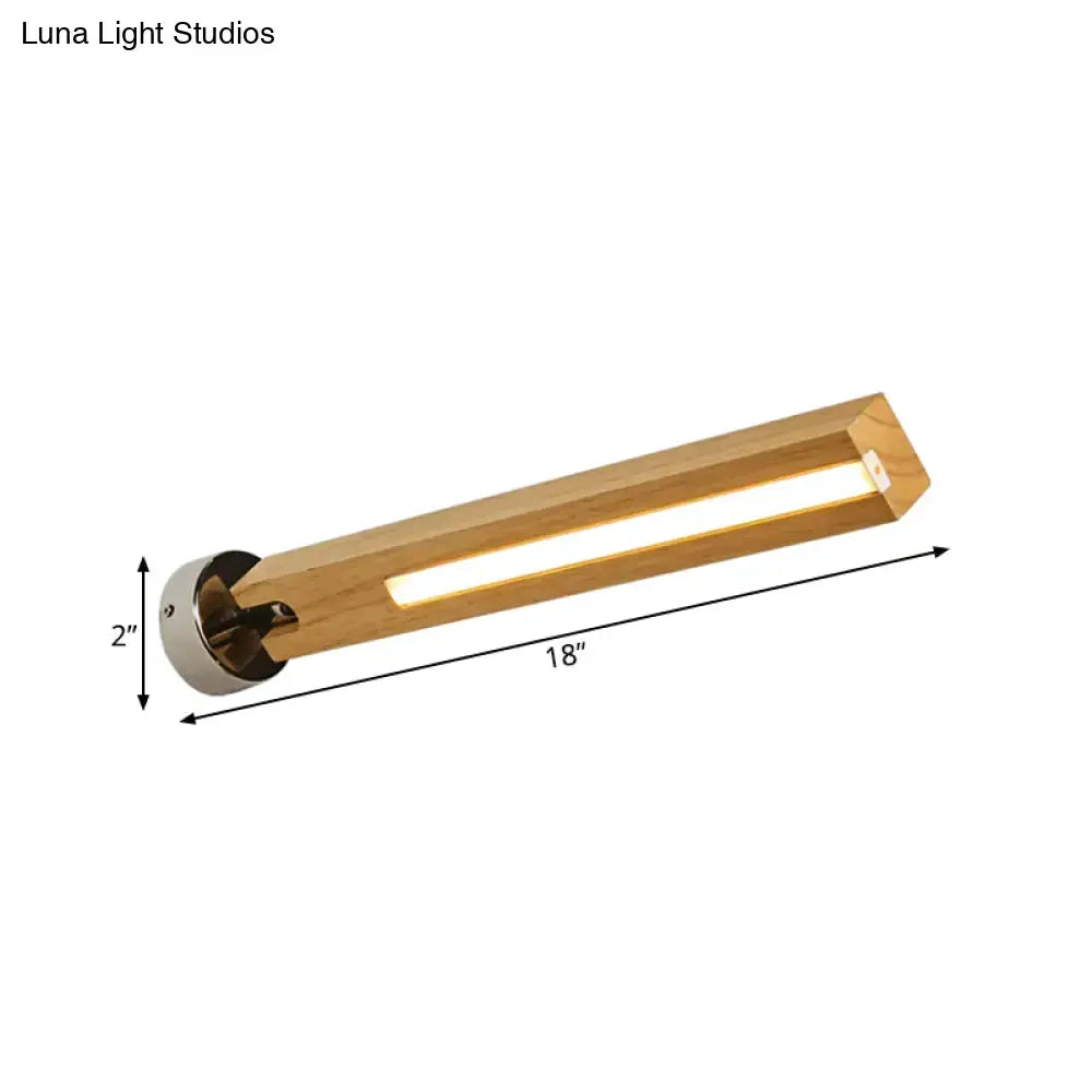 Modern rotatable beige wood wall light with warm wooden body and polished brass base 18 inch fixture for bedroom