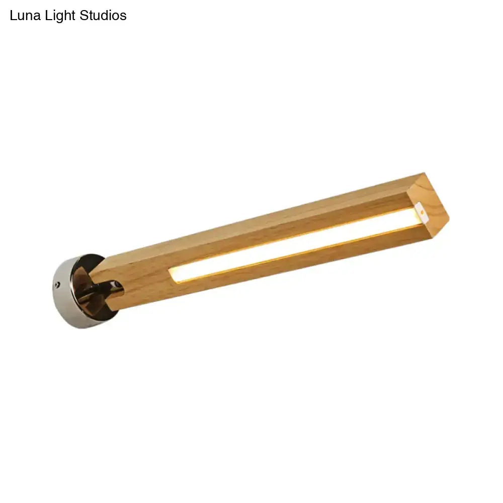 Modern rotatable beige wood wall light with natural wood finish and metallic base inch fixture for bedroom LED lighting