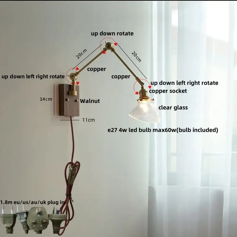 Adjustable copper wall light fixture with clear glass shade and walnut-finished base for modern stair lighting