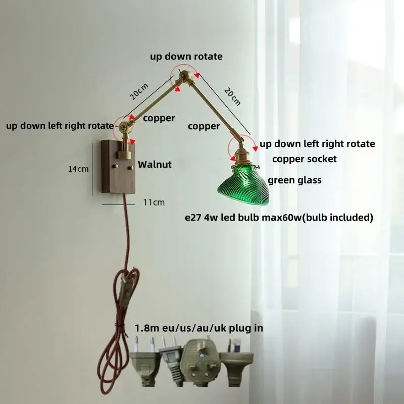 Adjustable copper wall light fixture with green glass shade modern rotatable brass textured glass stair lamp