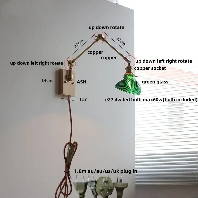 Modern adjustable copper wall light fixture with green glass shade and rotatable brass mount for stair lighting