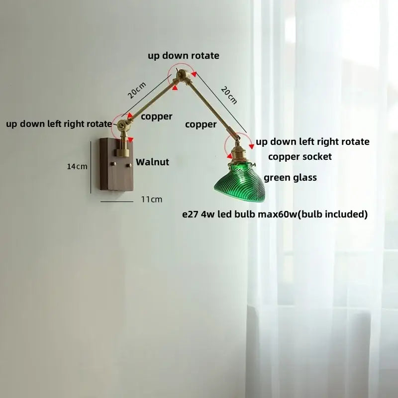 Adjustable copper wall light fixture with green glass shade and walnut-finished mounting plate for modern stair lighting