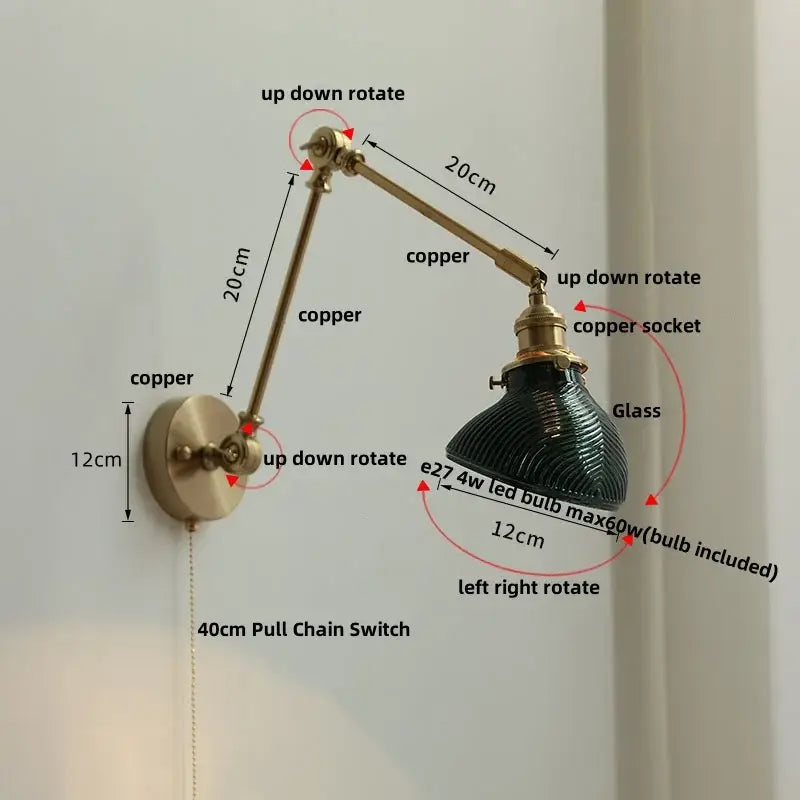 A vintage-style copper wall light fixture with dark green ribbed glass shade and adjustable brass arms for stairs