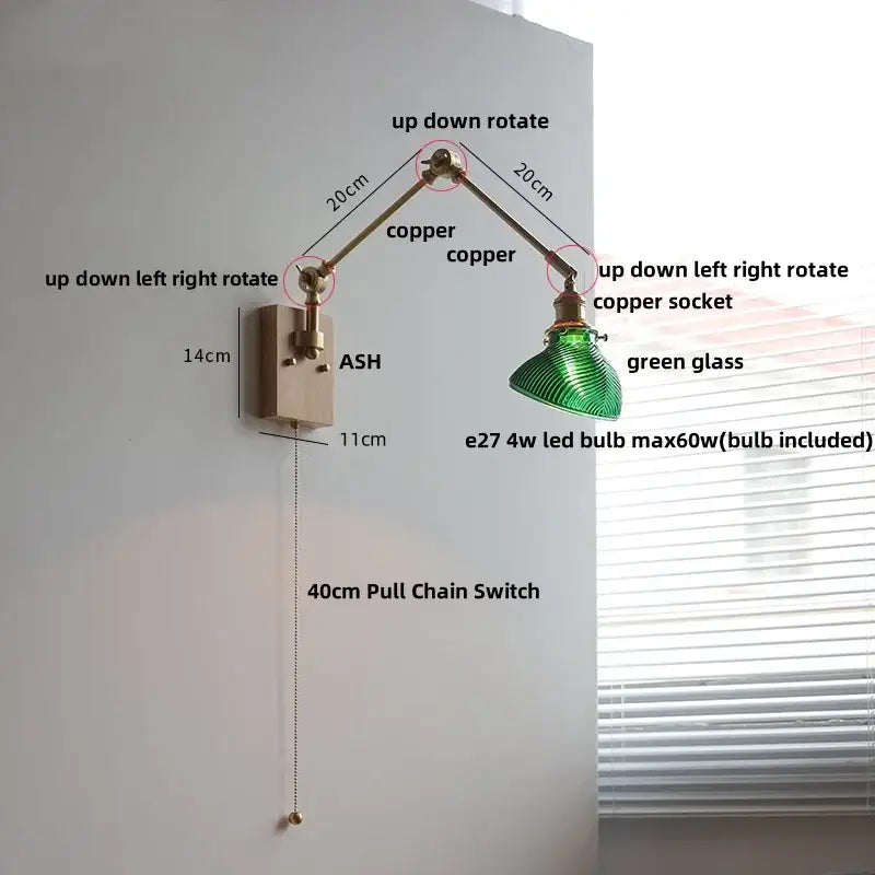 Modern rotatable brass wall light fixture with adjustable copper arm, green glass shade, and included LED bulb for stairs