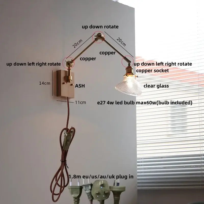 Modern rotatable copper wall light fixture with clear glass shade and e27 led bulb for stair lighting