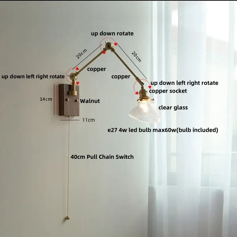 Adjustable copper wall light fixture with clear glass shade and walnut-finished mounting plate for modern stair lighting