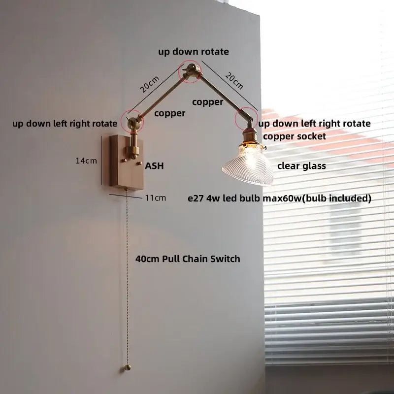 Adjustable copper wall light fixture with clear glass shade and pull chain switch for modern stair lighting