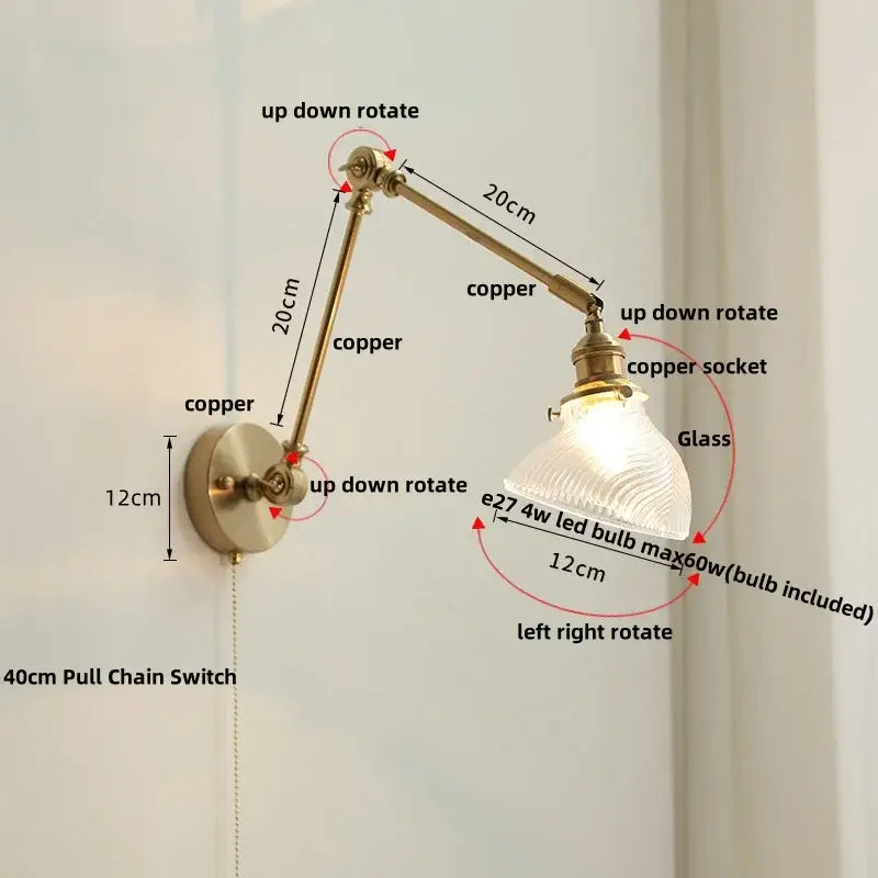 Adjustable copper wall light fixture with textured glass shade in modern rotatable brass design for stair lighting