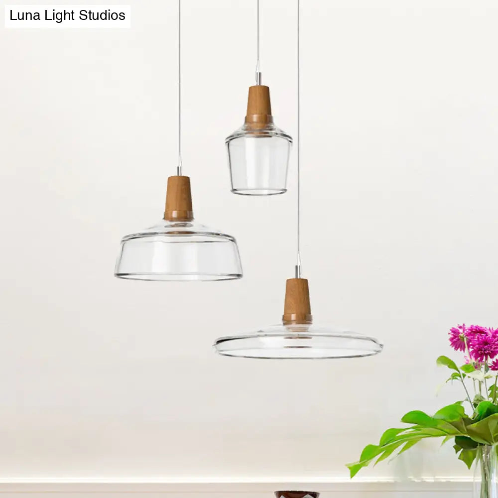 Modern Round Canopy Coffee Shop Multi Pendant Clear/Smoked Glass Ceiling Light with Wood Accent - 3-Light