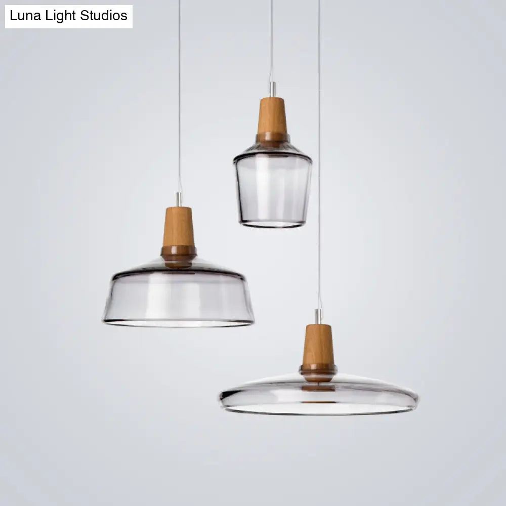 Modern Round Canopy Coffee Shop Multi Pendant Clear/Smoked Glass Ceiling Light with Wood Accent - 3-Light