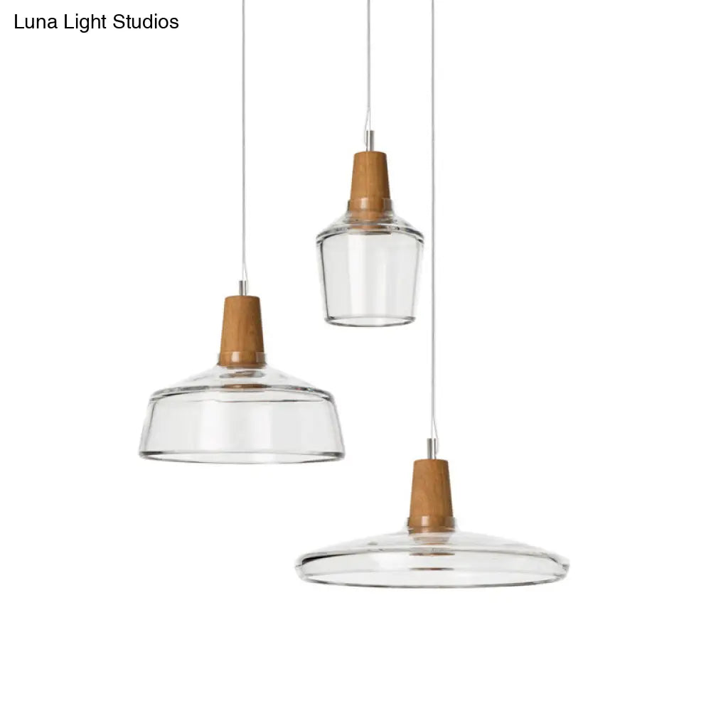 Modern Round Canopy Coffee Shop Multi Pendant Clear/Smoked Glass Ceiling Light with Wood Accent - 3-Light