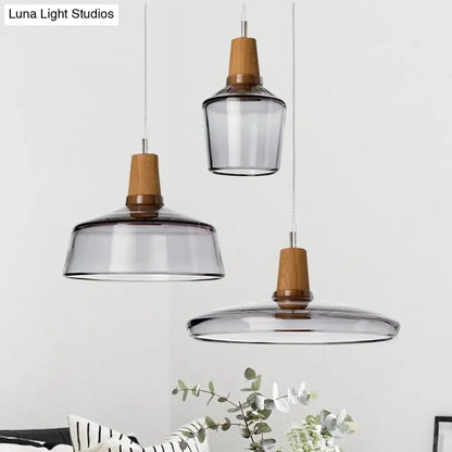 Modern Round Canopy Coffee Shop Multi Pendant Clear/Smoked Glass Ceiling Light with Wood Accent - 3-Light