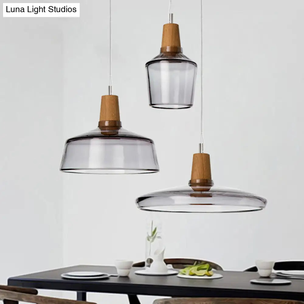 Modern Round Canopy Coffee Shop Multi Pendant Clear/Smoked Glass Ceiling Light with Wood Accent - 3-Light