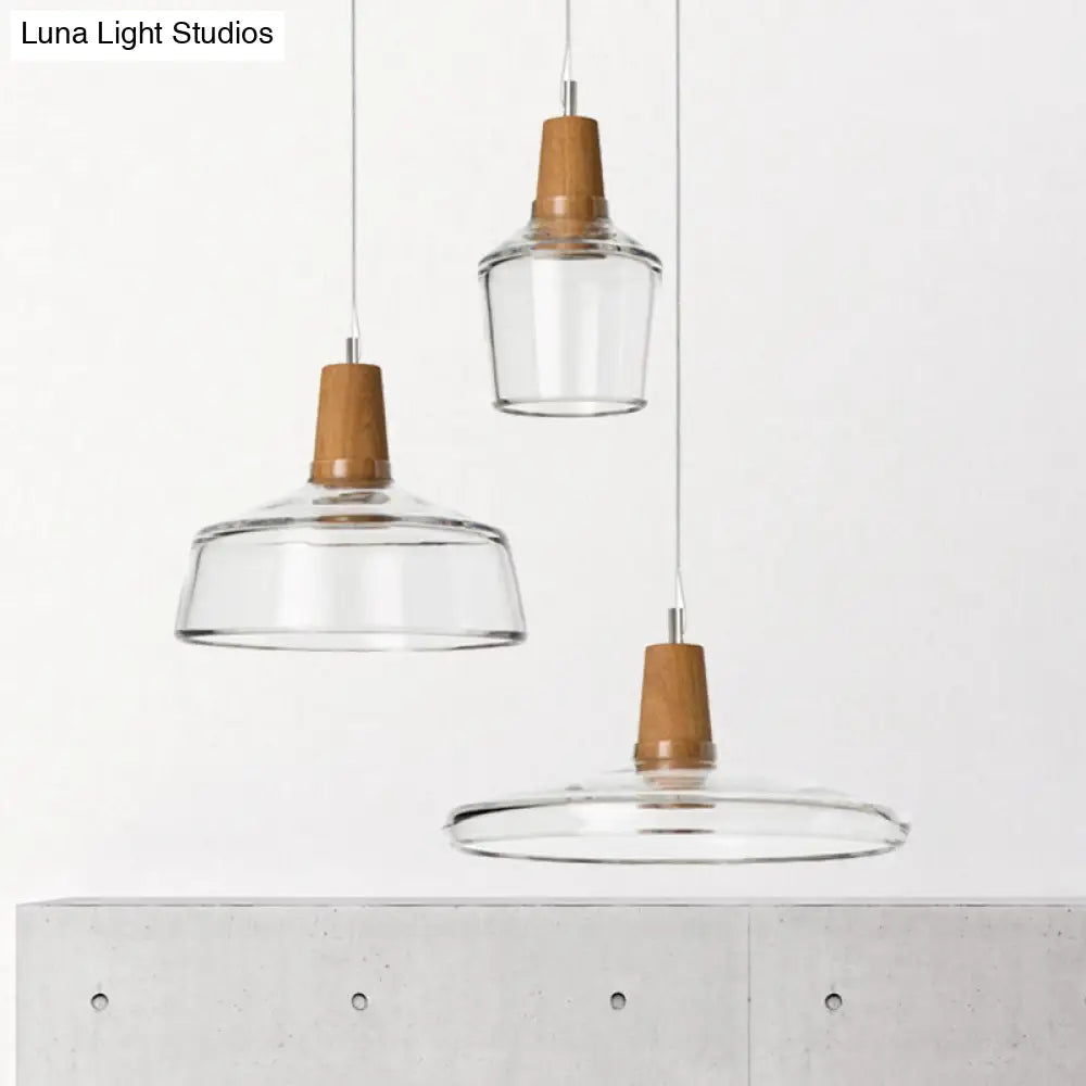 Modern Round Canopy Coffee Shop Multi Pendant Clear/Smoked Glass Ceiling Light with Wood Accent - 3-Light