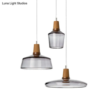 Modern Round Canopy Coffee Shop Multi Pendant Clear/Smoked Glass Ceiling Light with Wood Accent - 3-Light