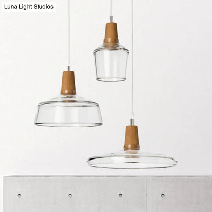 Modern Round Canopy Coffee Shop Multi Pendant Clear/Smoked Glass Ceiling Light with Wood Accent - 3-Light