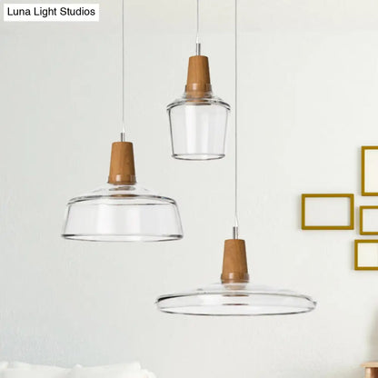 Modern Round Canopy Coffee Shop Multi Pendant Clear/Smoked Glass Ceiling Light with Wood Accent - 3-Light