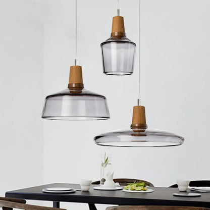 Modern Round Canopy Coffee Shop Multi Pendant Clear/Smoked Glass Ceiling Light with Wood Accent - 3-Light