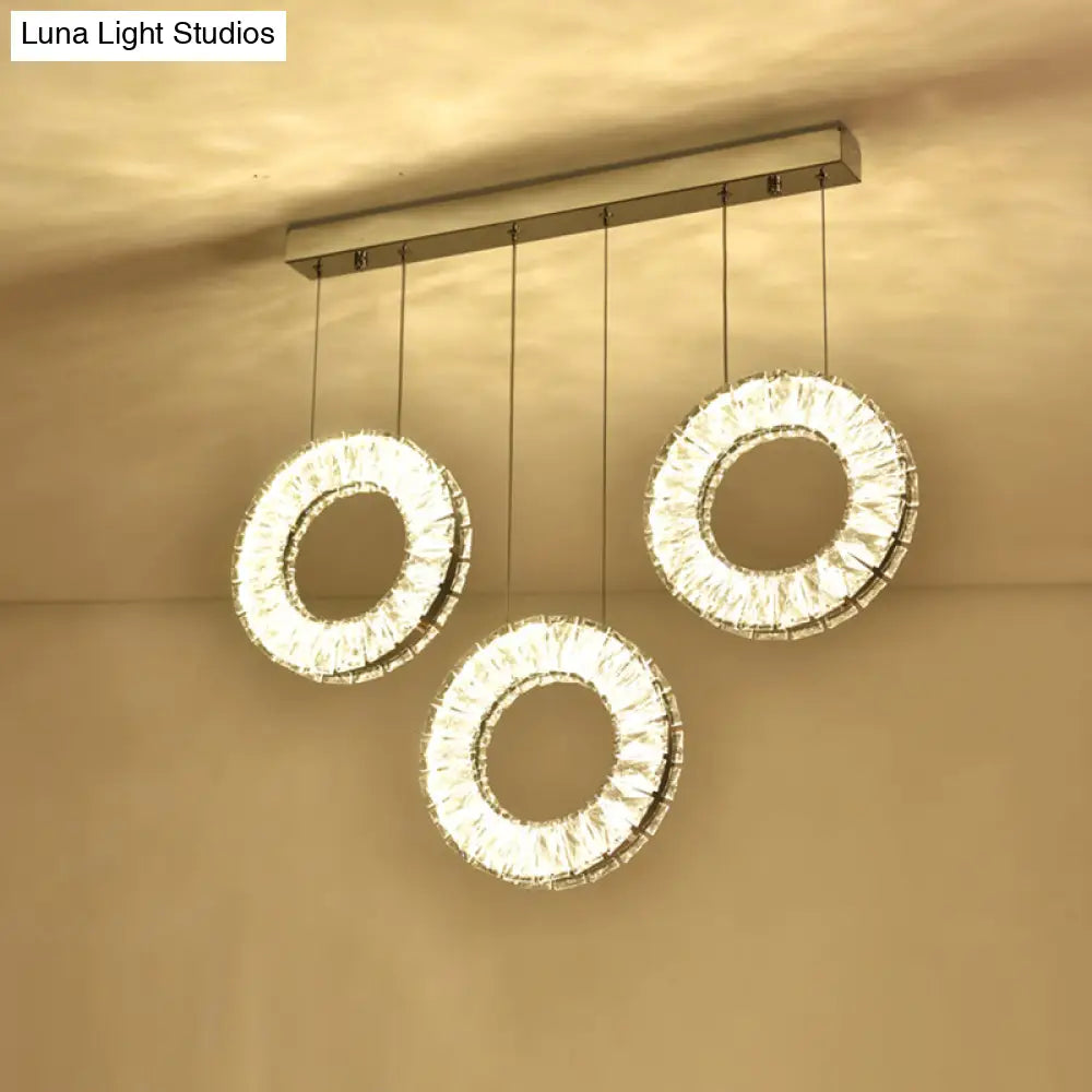 Modern Round Cluster Pendant Light- Crystal 3 Bulb Suspended Fixture in Nickel