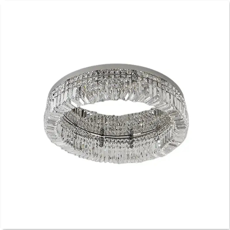 Modern round crystal led ceiling light chandelier with chrome finish and two concentric rings of faceted crystal decorbites crystal led
