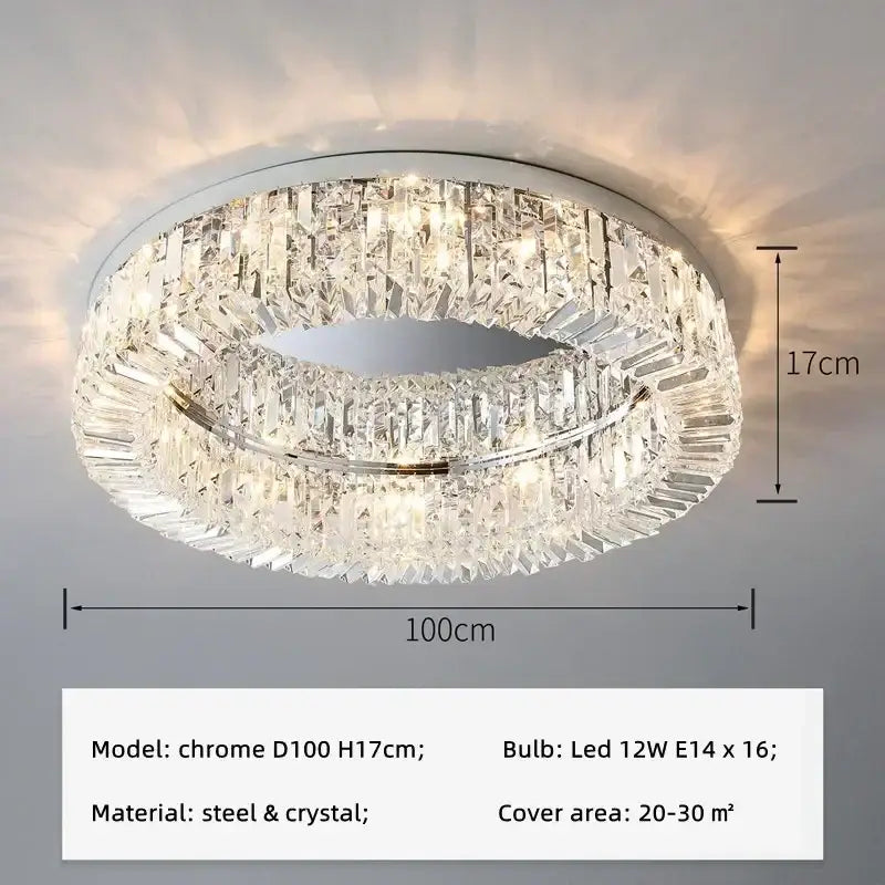 Modern round crystal led ceiling light with chrome finish and two concentric faceted rings for bedroom decorbites crystal led