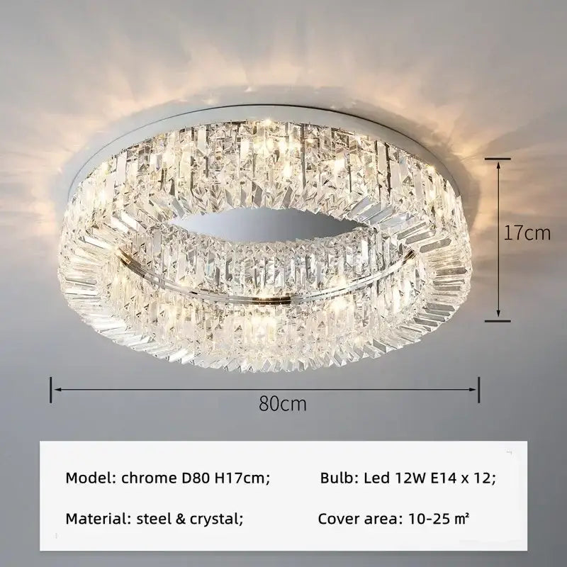 Modern round crystal led ceiling light model d80 with chrome finish and two concentric faceted crystal rings for decorbites crystal led ceiling