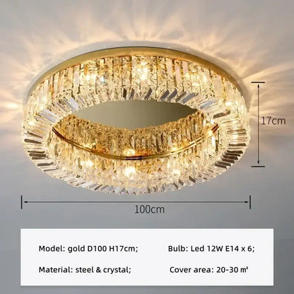 Modern round crystal led ceiling light with gold finish and two concentric faceted crystal rings by decorbites crystal led