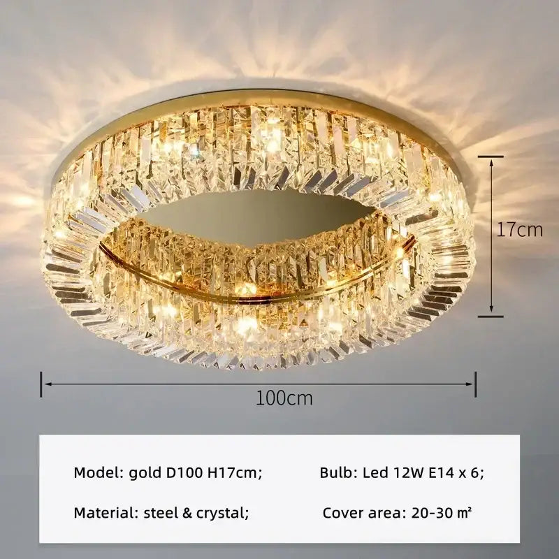 Modern round crystal led ceiling light with gold finish and two concentric faceted crystal rings by decorbites crystal led