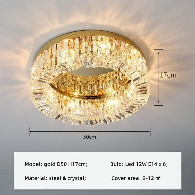 Gold finish modern round crystal led ceiling light with two concentric rings of faceted prisms decorbites crystal led