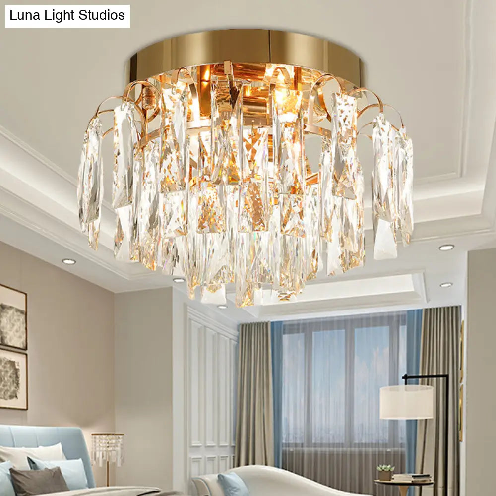 DecorBites™ DecorBites™ Modern Round Flush Mount Light with Clear Crystal Prism, Chrome/Gold Finish, 2 Lights