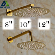 Modern round gold ultrathin rainfall shower head set with multiple nozzles and curved arm for bathroom use