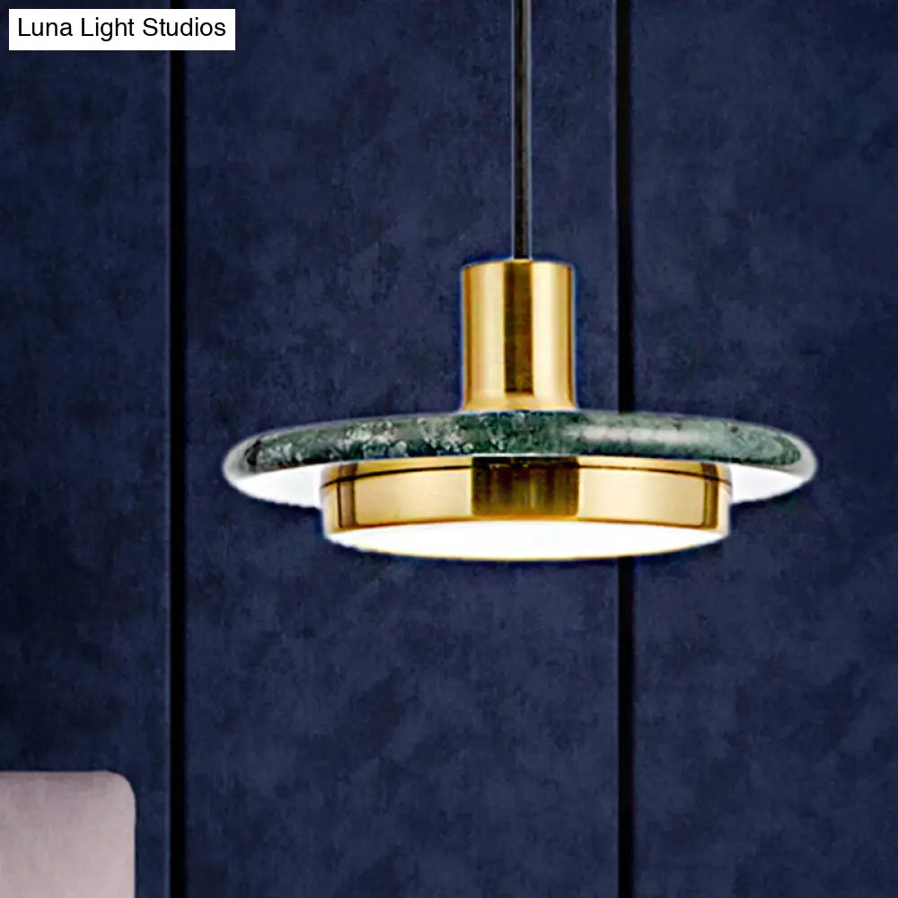 Modern Round Metal Pendant Lighting: 1-Light White/Black/Green Ceiling Lamp with Marble Ring