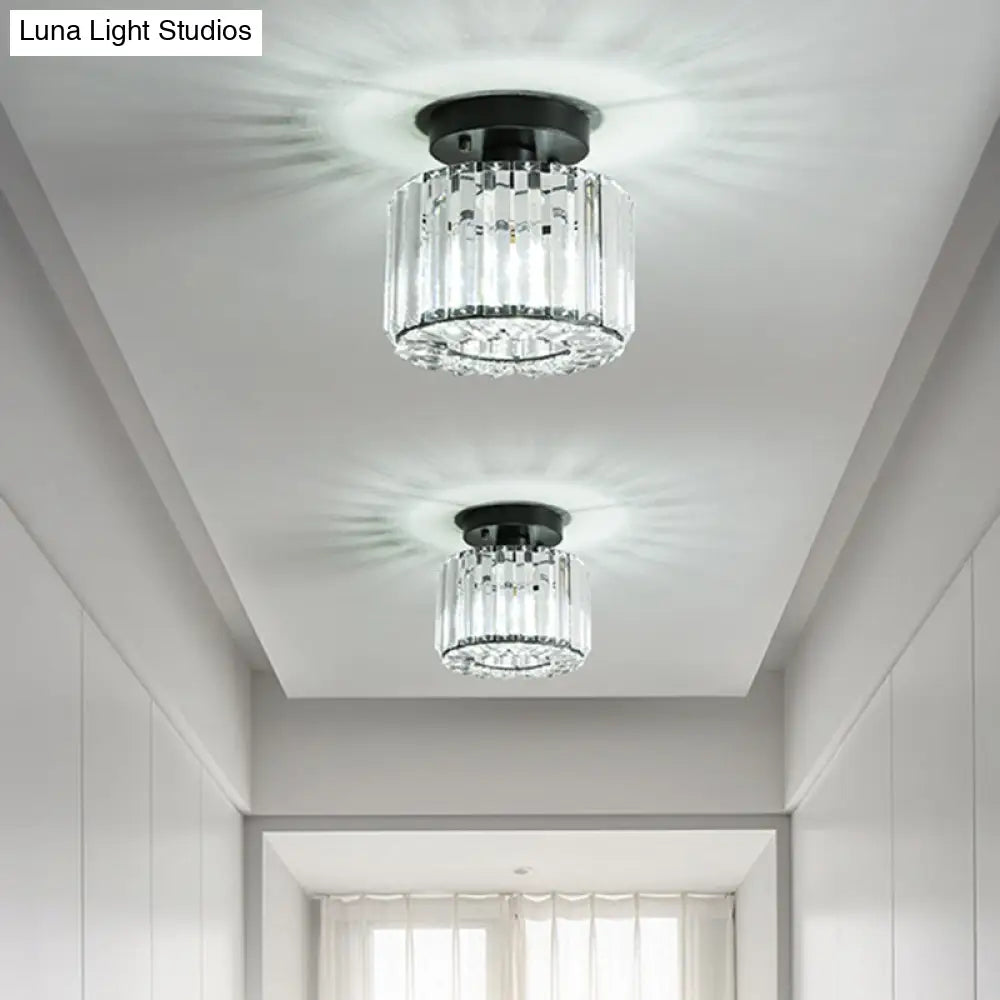 DecorBites™ DecorBites™ Modern Round/Square Shade Porch Flush Light Fixture with Clear Faceted Crystals - Black Canopy Ceiling Lamp