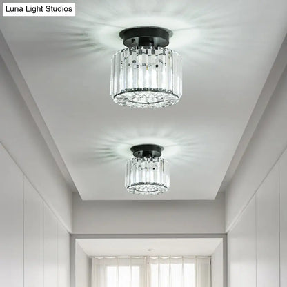 DecorBites™ DecorBites™ Modern Round/Square Shade Porch Flush Light Fixture with Clear Faceted Crystals - Black Canopy Ceiling Lamp