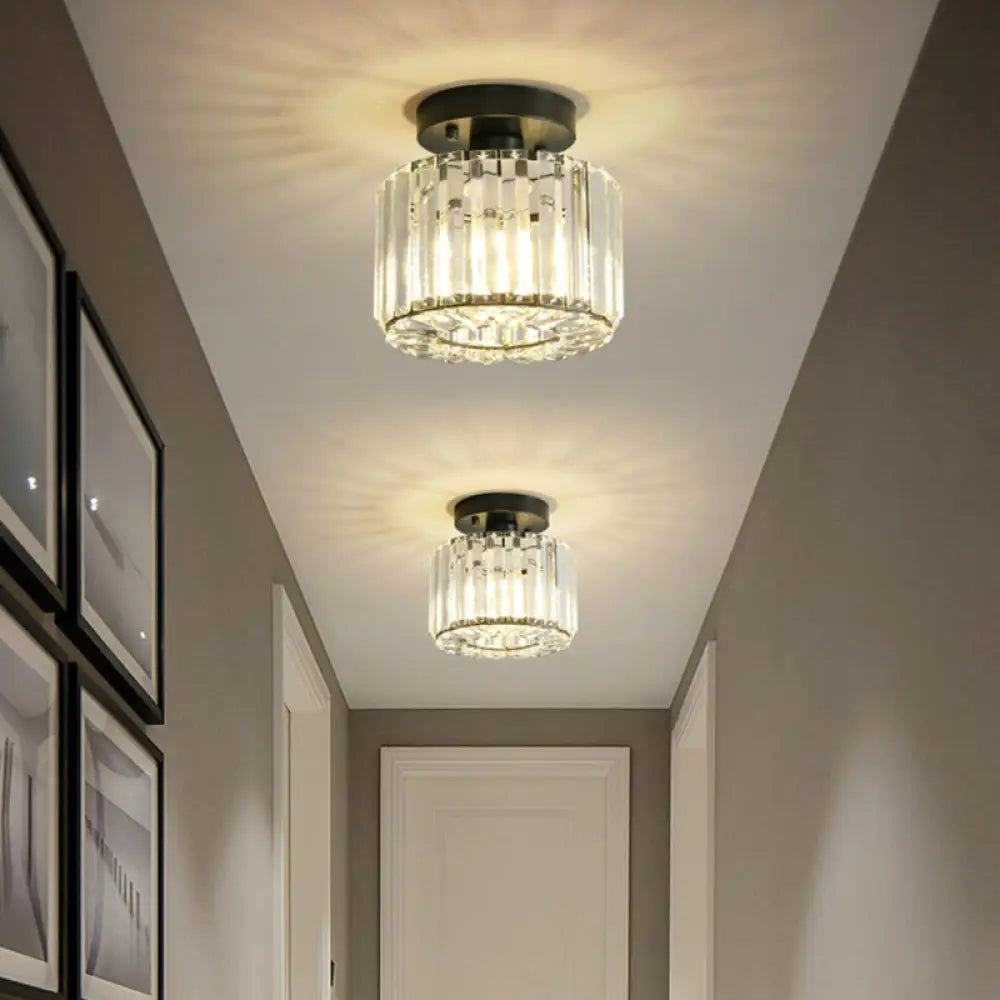 DecorBites™ DecorBites™ Modern Round/Square Shade Porch Flush Light Fixture with Clear Faceted Crystals - Black Canopy Ceiling Lamp