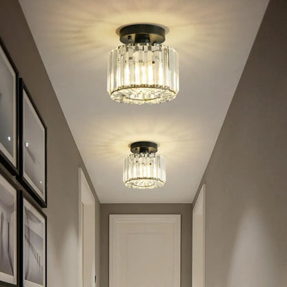 DecorBites™ DecorBites™ Modern Round/Square Shade Porch Flush Light Fixture with Clear Faceted Crystals - Black Canopy Ceiling Lamp