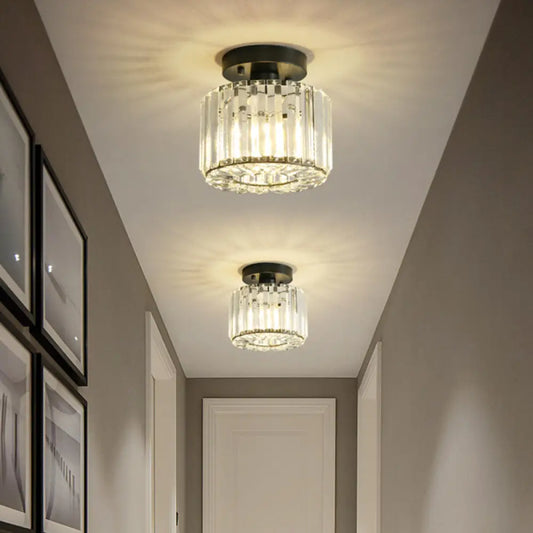 DecorBites™ DecorBites™ Modern Round/Square Shade Porch Flush Light Fixture with Clear Faceted Crystals - Black Canopy Ceiling Lamp