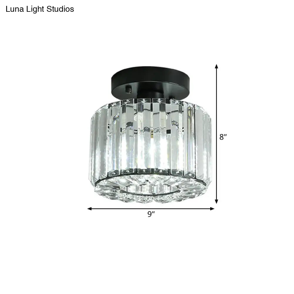 DecorBites™ DecorBites™ Modern Round/Square Shade Porch Flush Light Fixture with Clear Faceted Crystals - Black Canopy Ceiling Lamp