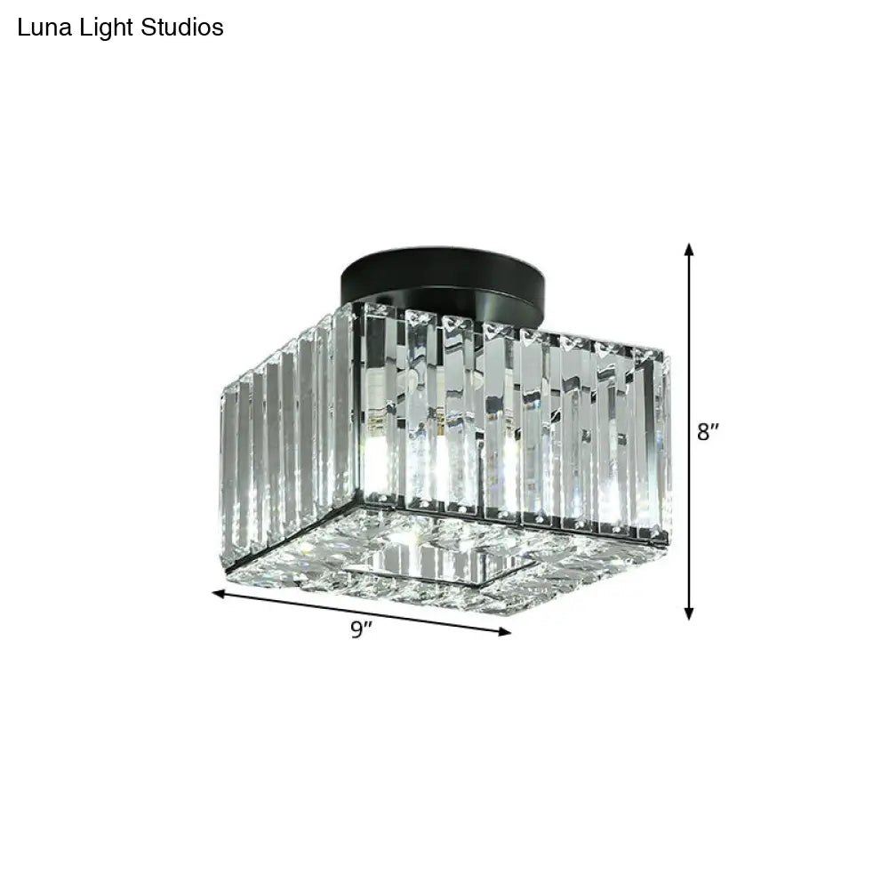 DecorBites™ DecorBites™ Modern Round/Square Shade Porch Flush Light Fixture with Clear Faceted Crystals - Black Canopy Ceiling Lamp