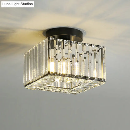 DecorBites™ DecorBites™ Modern Round/Square Shade Porch Flush Light Fixture with Clear Faceted Crystals - Black Canopy Ceiling Lamp