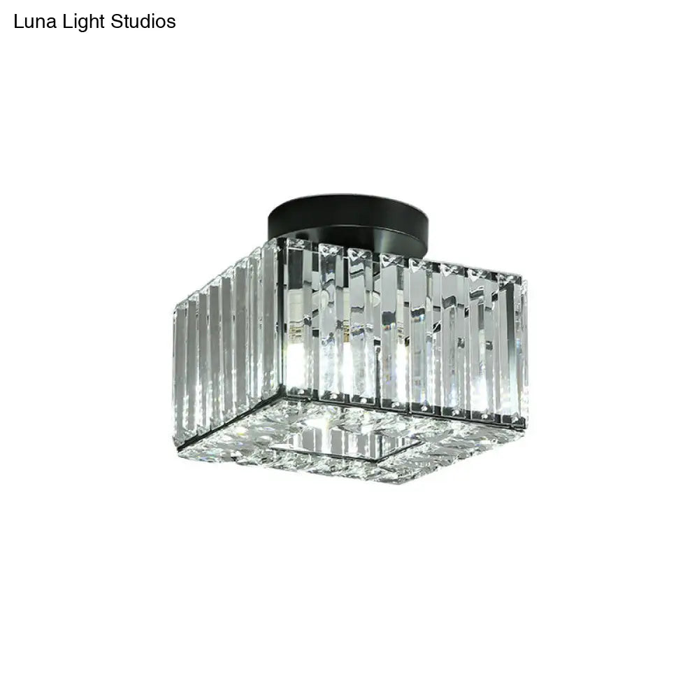 DecorBites™ DecorBites™ Modern Round/Square Shade Porch Flush Light Fixture with Clear Faceted Crystals - Black Canopy Ceiling Lamp