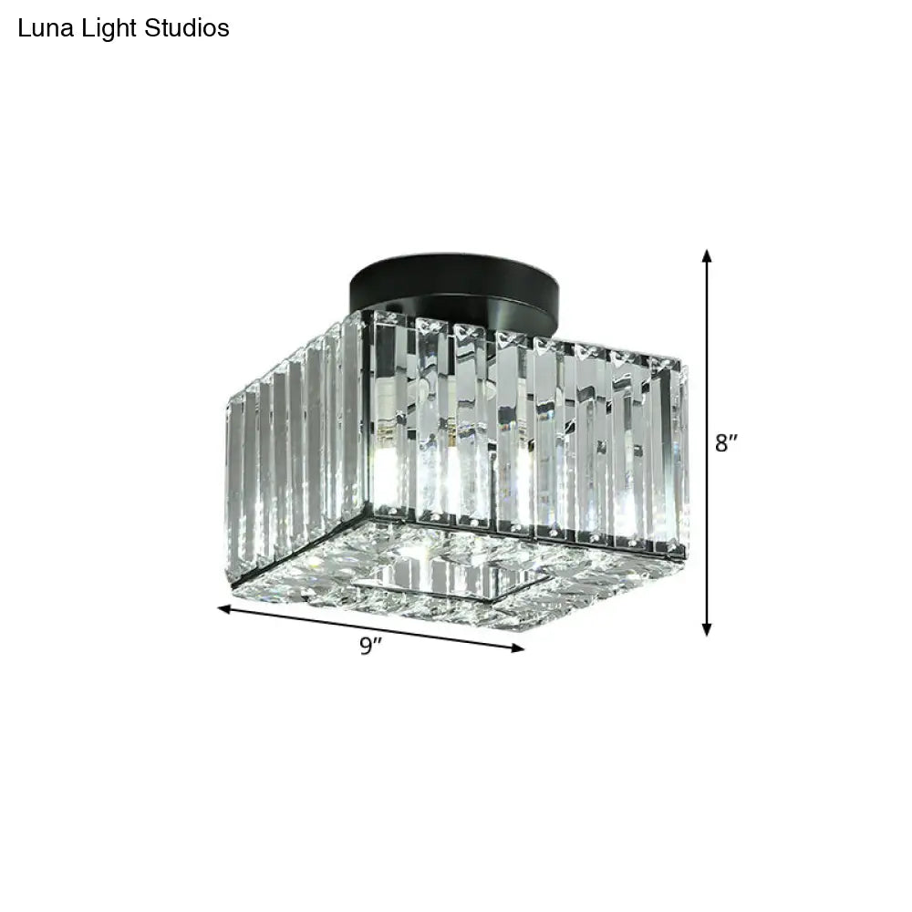 DecorBites™ DecorBites™ Modern Round/Square Shade Porch Flush Light Fixture with Clear Faceted Crystals - Black Canopy Ceiling Lamp