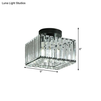 DecorBites™ DecorBites™ Modern Round/Square Shade Porch Flush Light Fixture with Clear Faceted Crystals - Black Canopy Ceiling Lamp