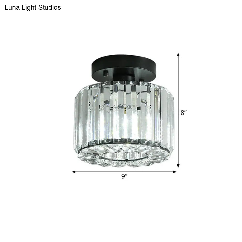 DecorBites™ DecorBites™ Modern Round/Square Shade Porch Flush Light Fixture with Clear Faceted Crystals - Black Canopy Ceiling Lamp