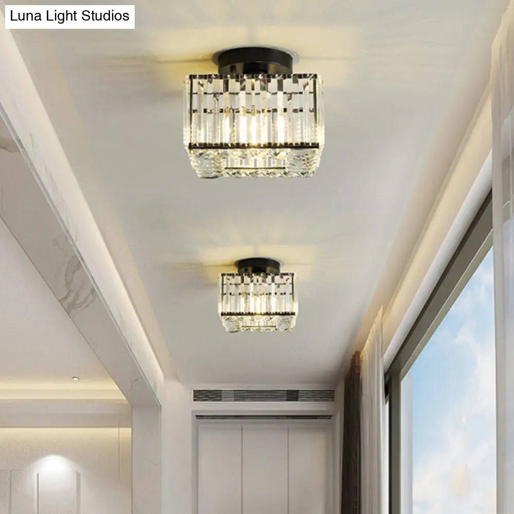 DecorBites™ DecorBites™ Modern Round/Square Shade Porch Flush Light Fixture with Clear Faceted Crystals - Black Canopy Ceiling Lamp